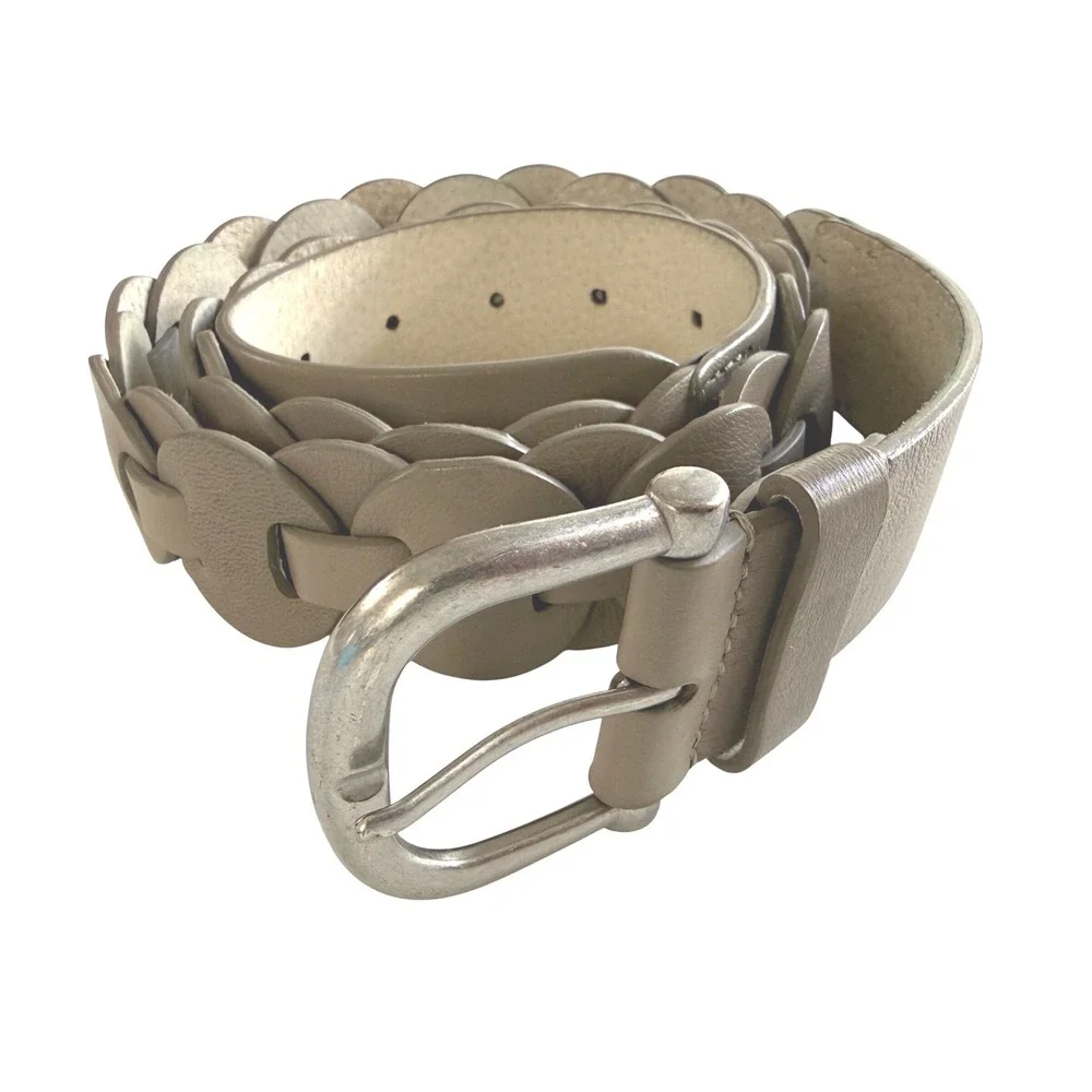 Vintage Wide Genuine‎ Leather Disc Link Belt Taupe Silver Buckle Boho Belt